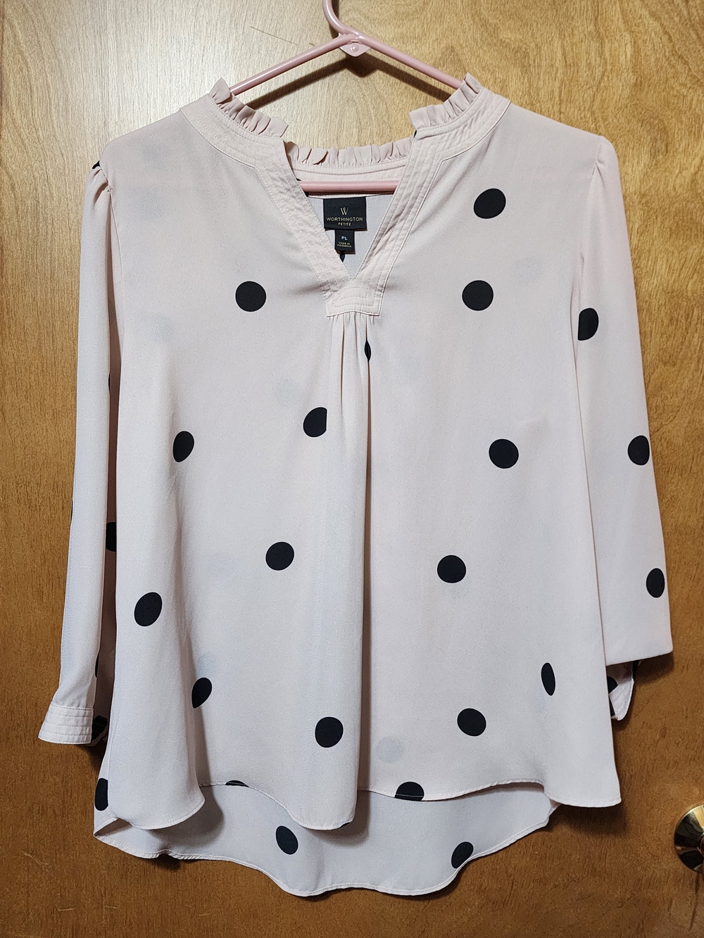 Worthington Petite PL Pink Black Polka Dot Ruffle V Neck Blouse